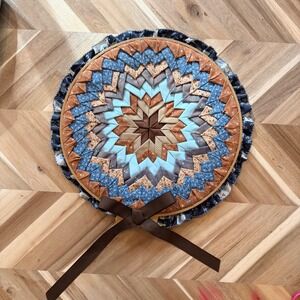 VTG Handmade Folded Fabric Star Quilted Wall Hanging Blue Brown 16"  Cottagecore